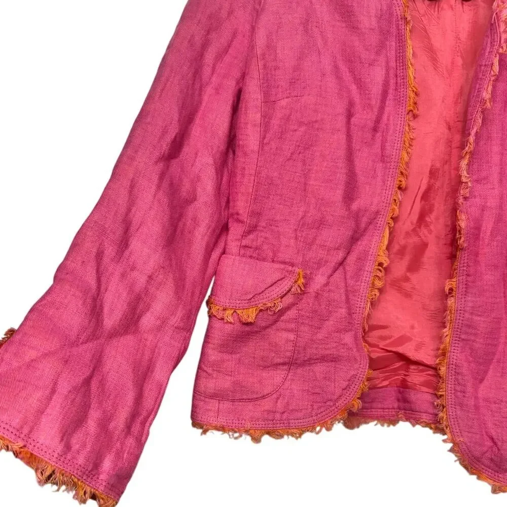 Anne Klein Linen Blazer Pink Orange Fringe Petite 6P Shoulder Pads‎ Y2K Revival